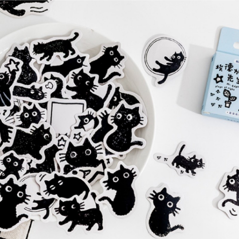 45pcs Stiker Tema Kucing Hitam/Set Kotak DIY Diary Album Stick Note Lable/Kawaii Cute Cats Stickers Self-adhesive Scrapbooking Stickers/Decals Hias Untuk Anak