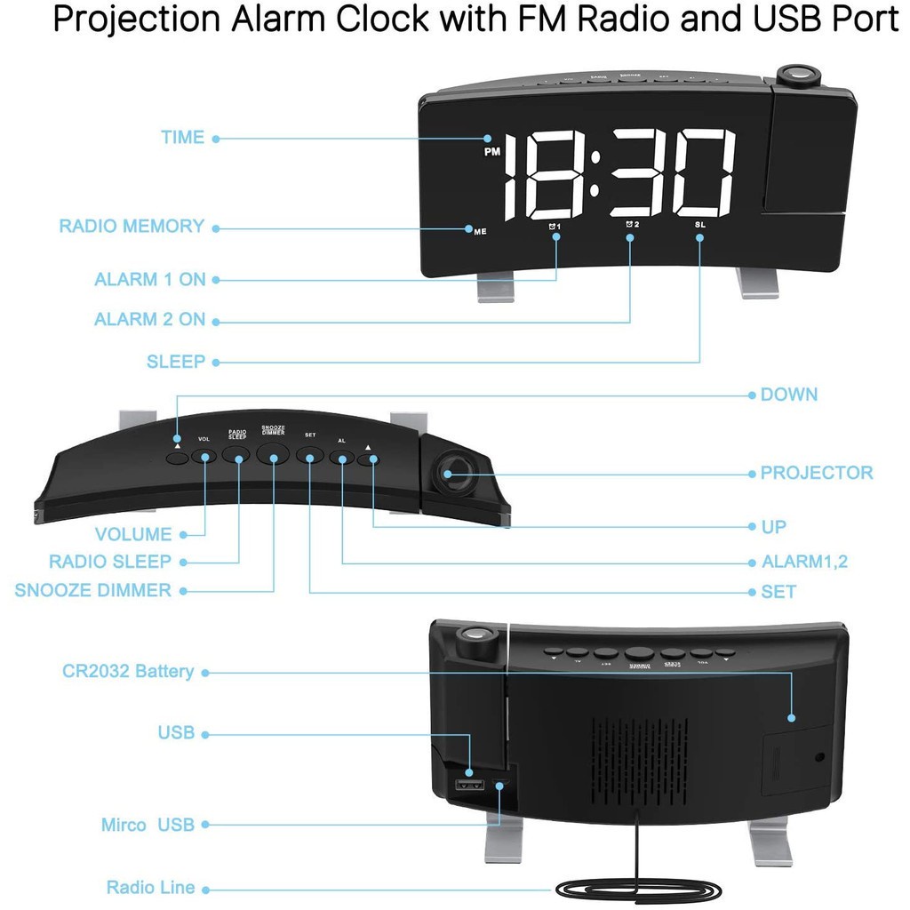 AKN88 - ROCKWARE RW-EN8831 Jam Meja Proyektor FM Dual Alarm Projection Clock