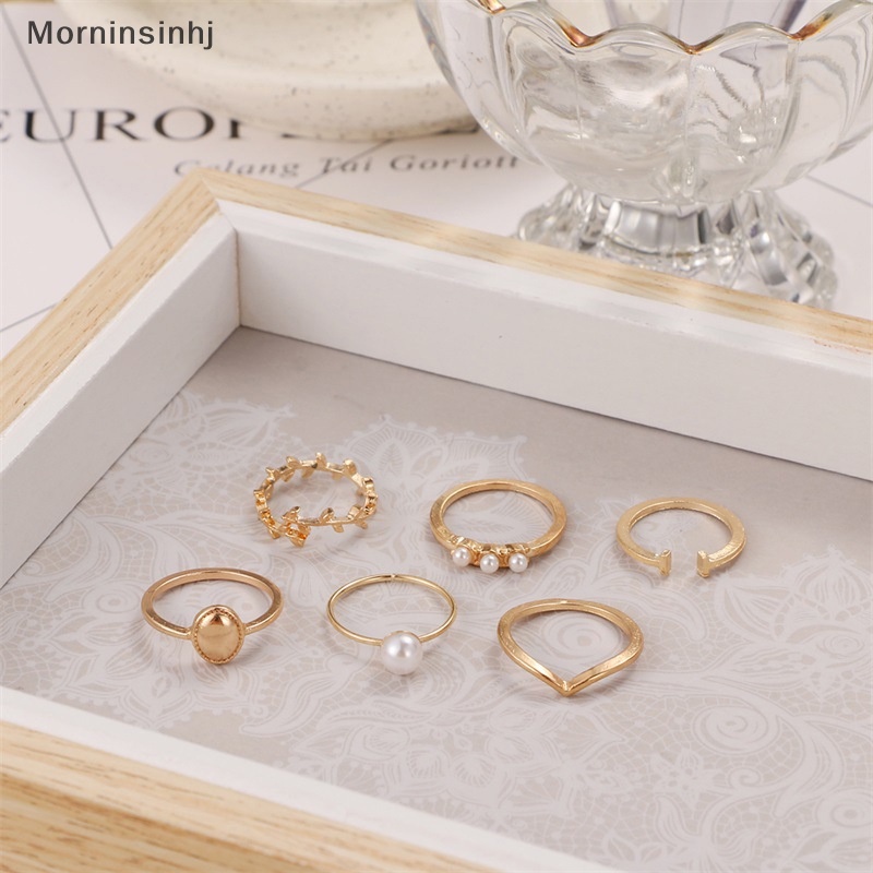 Mornin 6Pcs /Set Bohemian Midi Knuckle Ring Set Untuk Wanita Mutiara Imitasi Geometris Jari Rings Vintage Jewelry id