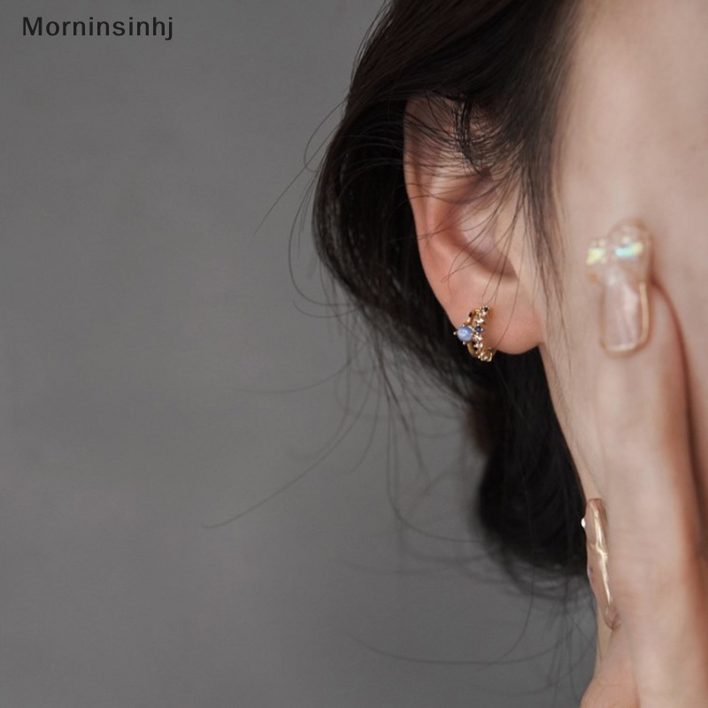 Mornin Blue Opal Stud Earrings Untuk Wanita Korea Cahaya Zirkon Mutiara Fashion Kristal Manis Anting Gadis Perhiasan id