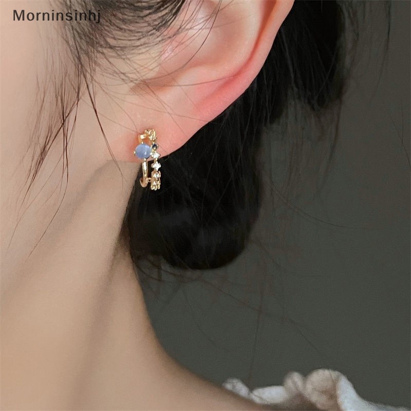 Mornin Blue Opal Stud Earrings Untuk Wanita Korea Cahaya Zirkon Mutiara Fashion Kristal Manis Anting Gadis Perhiasan id