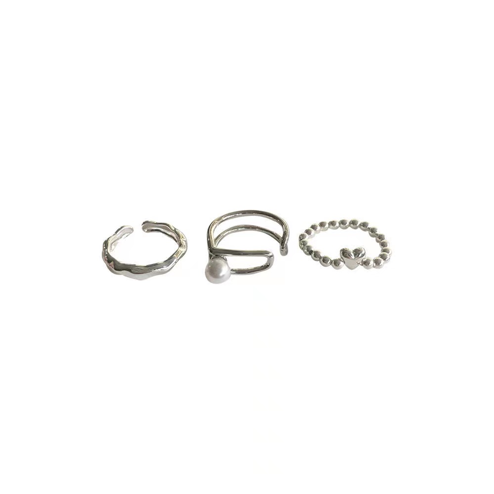 3pcs /Set Set Cincin Perak Untuk Wanita Mutiara Hati Twist Open Ring Simple Aksesoris Perhiasan