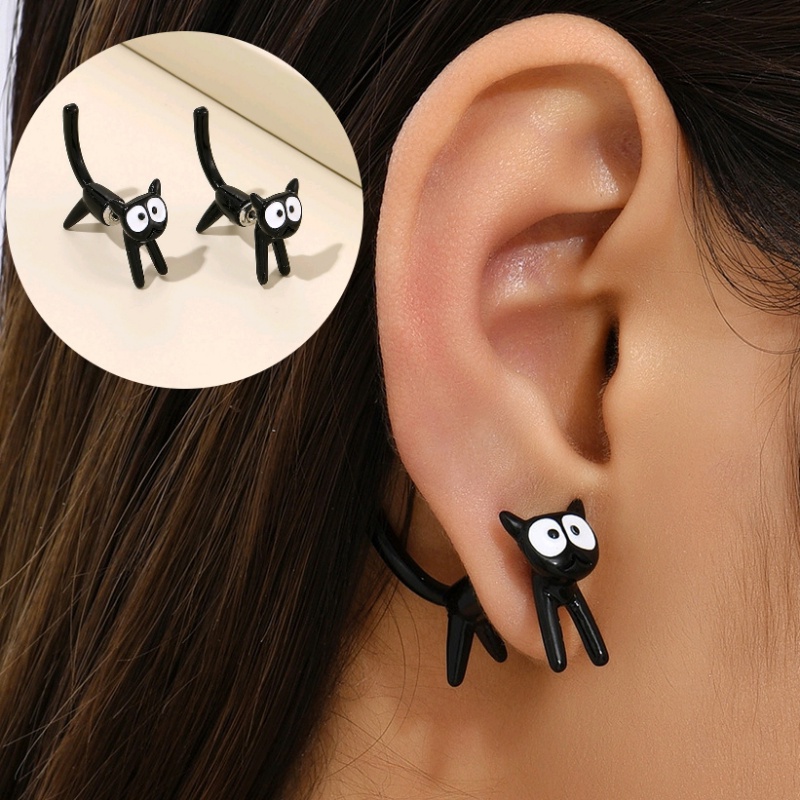 Women Ear Decor Jewelry Little Black Cat Stud Earring/Aksesoris Telinga Kartun Sederhana/Anting Logam Tindik Salib