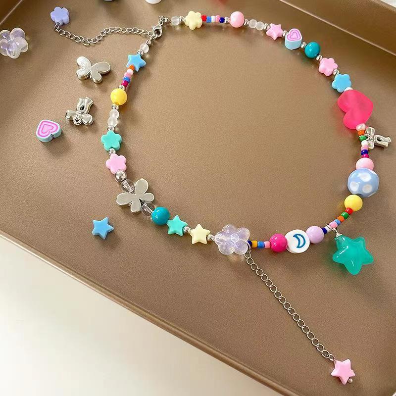 Super Cute~ Warna-Warni Bunga Cinta Manik-Manik Kalung Perempuan Kartun Manis Segar Manis Gadis Gadis Musim Panas Klavikula Rantai