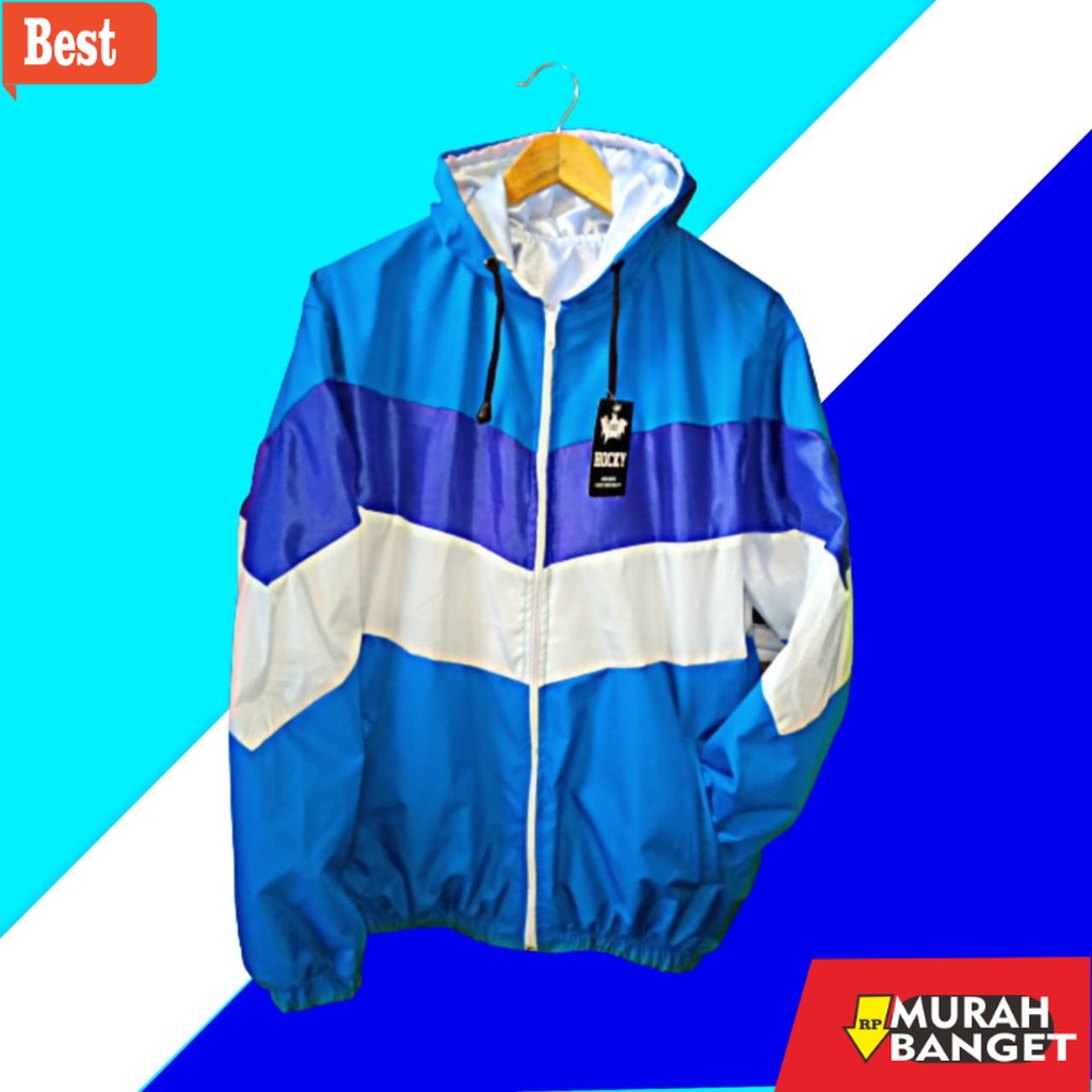 Jaket parasut pria terbaru- Jaket Parasut Biru Windbreakers Lumino Unisex Kombinasi Warna Semi Geng 