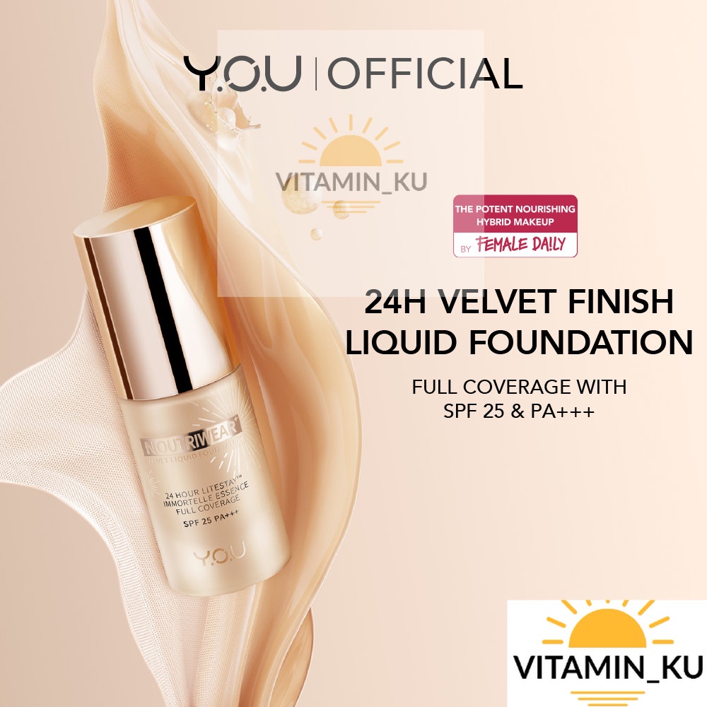 YOU 24H NoutriWear+ Velvet Liquid Foundation | SPF Alas Bedak | Perawatan Wajah | Tahan Lama 24 Jam Full Coverage | Kosmetik VITAMINKU