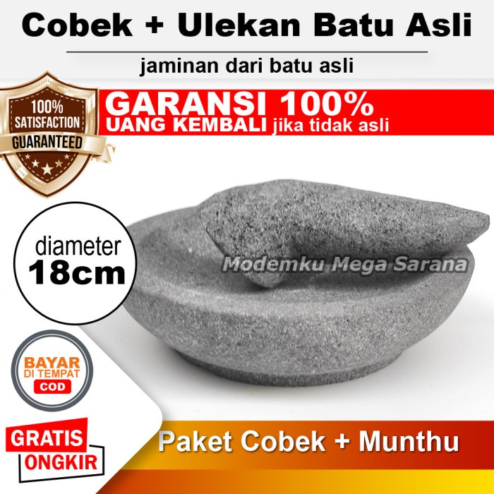 Cobek Batu Asli Original + Ulekan Munthu Muntu Muntilan Merapi - 18 cm
