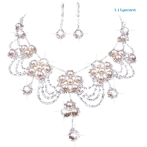 [LS] Wanita Mewah Berlian Imitasi Mutiara Imitasi Kalung Anting Pernikahan Bridal Perhiasan Set