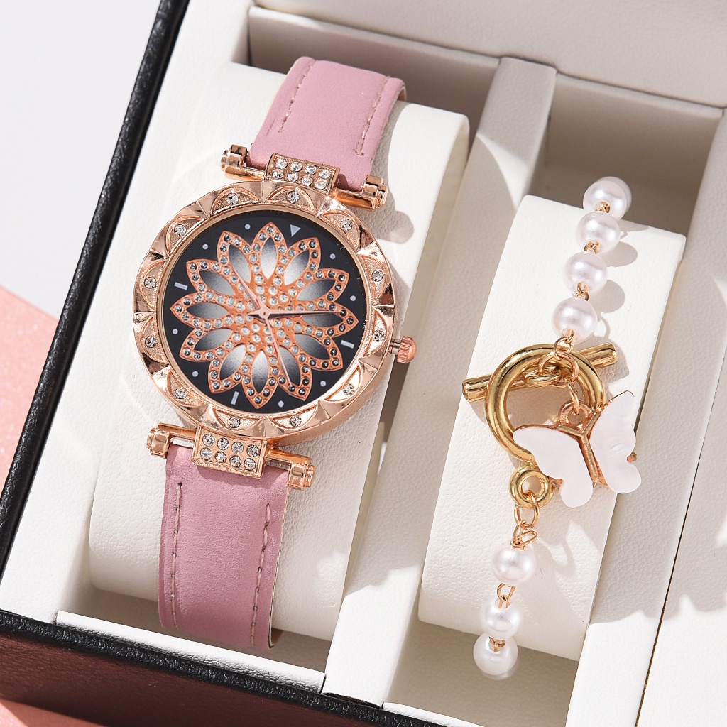 2PCS Wanita Set Kuarsa Jam Tangan Berlian Watch + Gelang Fashion Kasual Hadiah（No Box）