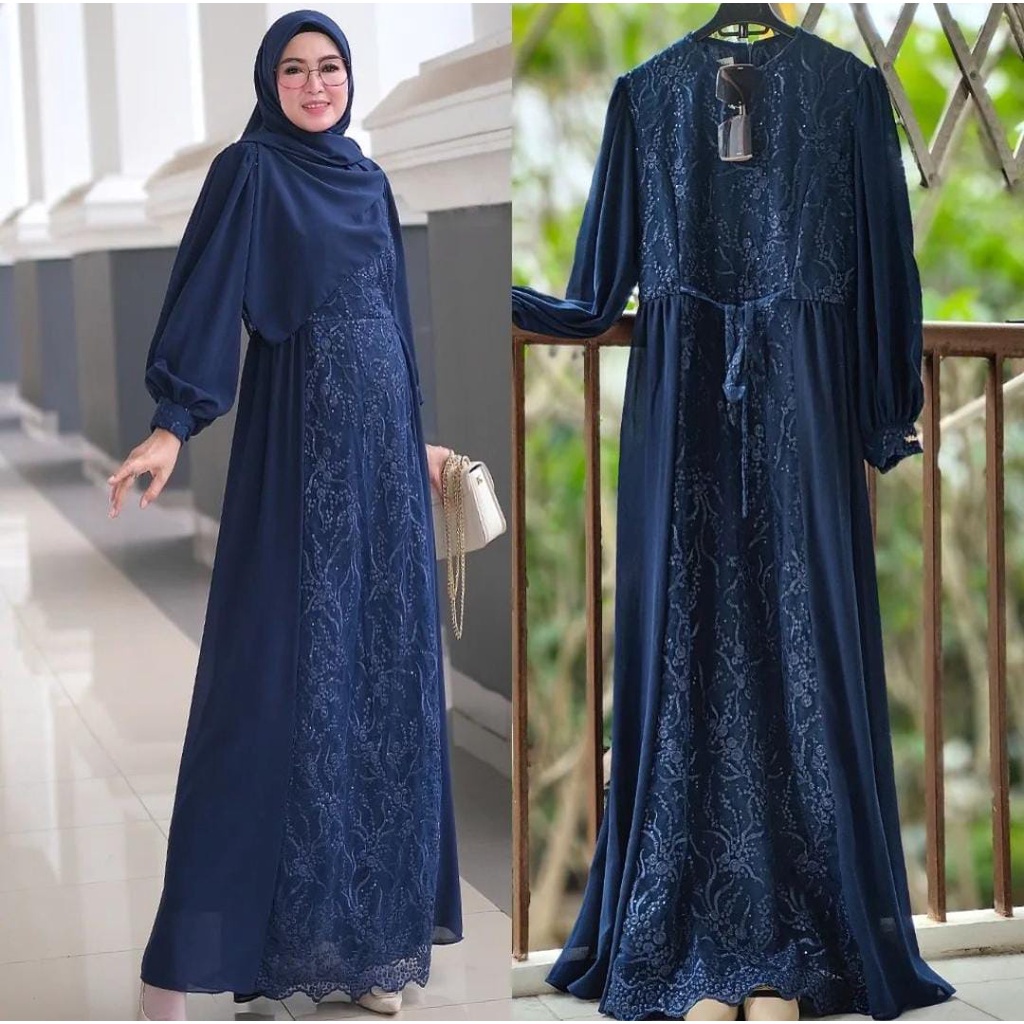 Zaskia Dress Gamis Muslim Wanita Mix Brukat Modern Kekinian Fit To XL Besar OOTD Gaun Pesta Kondangan