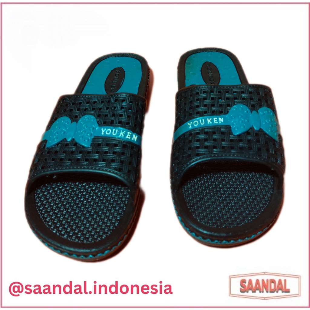 Sandal Selop Karet Hitam Youken Wanita Motif Pita Anti-Licin