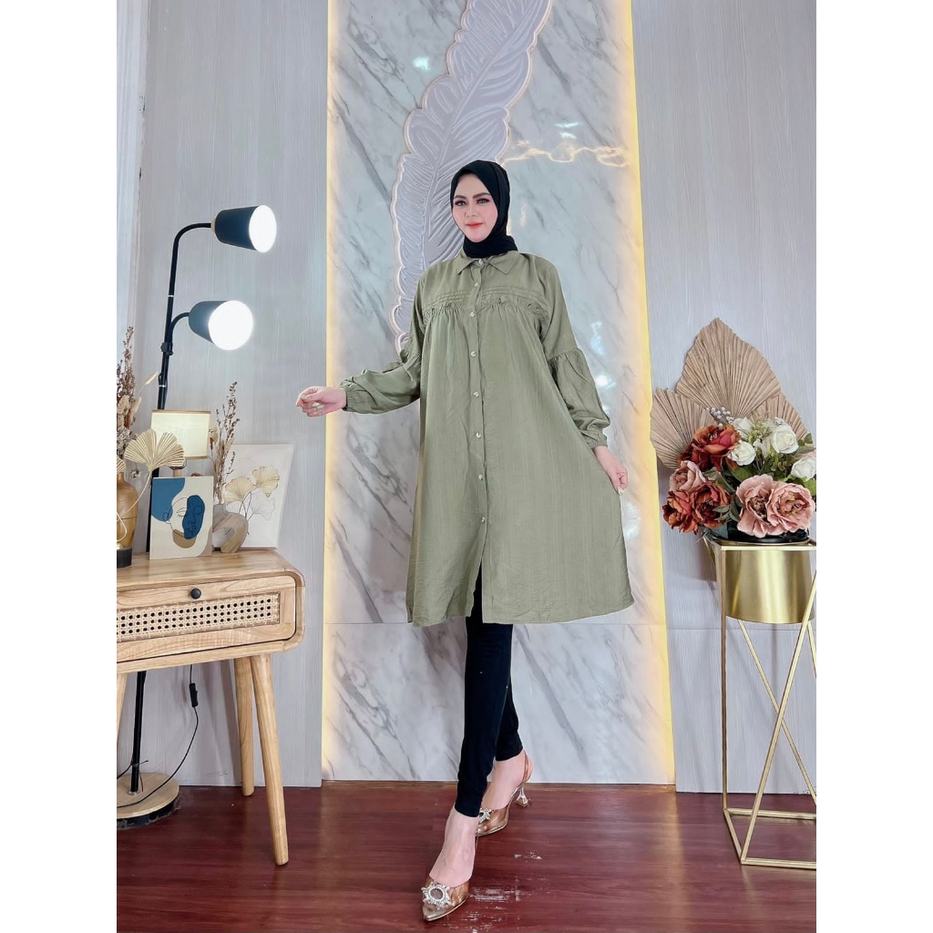 Hazel Tunik Polo Linen Atasan Wanita Lengan Ruffle Premium Dress kancing depan lengan panjang muslimah Remaja Terbaru kekinian korean style