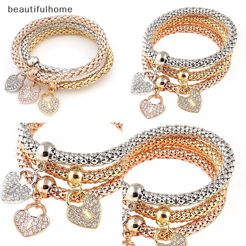 {beautifulhome} 3pcs Wanita Fashion Ctue Pesona Kristal Berlian Imitasi Hati Gelang Elastis Bangles.