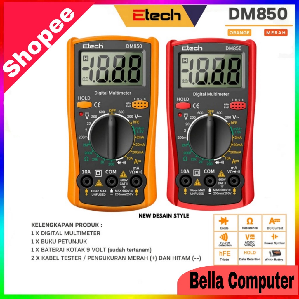 Plus Baterai ETECH DM850 Digital Multimeter Multitester Voltage Tester Portable Automatic AC/DC Voltage Tester with LCD