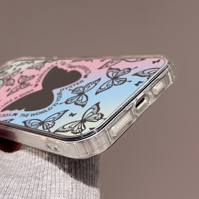 IPHONE Biru Pink Smudged Butterfly Mirror Phone Case Kompatibel Untuk Iphone11 12 13 14 12Pro 13Pro 14Pro Pro Max XR X XS Max Electroplating Tombol Perlindungan Mirror Cover