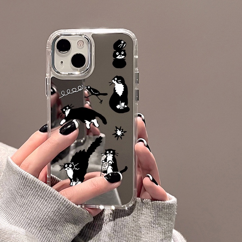 IPHONE Kartun Kucing Hitam Cermin Ponsel Case Kompatibel Untuk Iphone11 12 13 14 12Pro 13Pro 14Pro Pro Max XR X XS Max Electroplating Tombol Perlindungan Mirror Cover