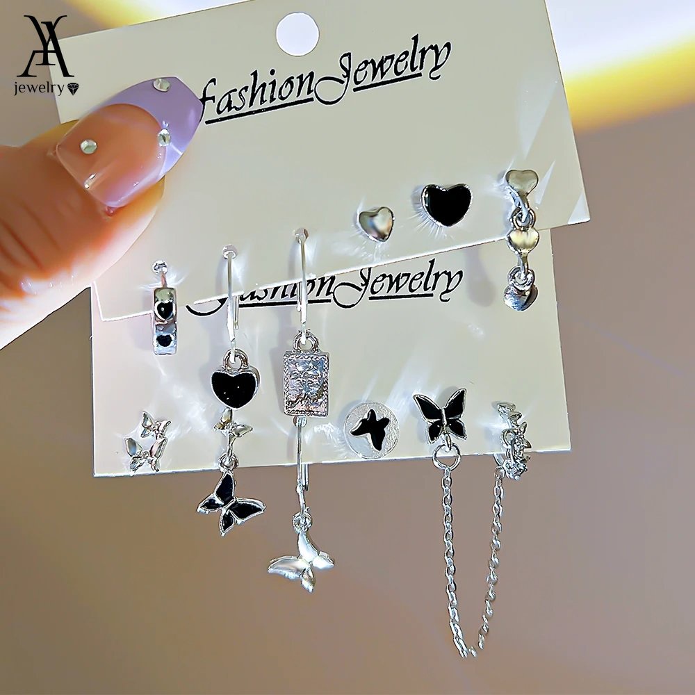 Ay(cn) Y2K Hati Kupu-Kupu Bintang Stud Anting Set Zirkon Kristal Emas Perak Drop Earrings Untuk Wanita Perhiasan Aksesoris