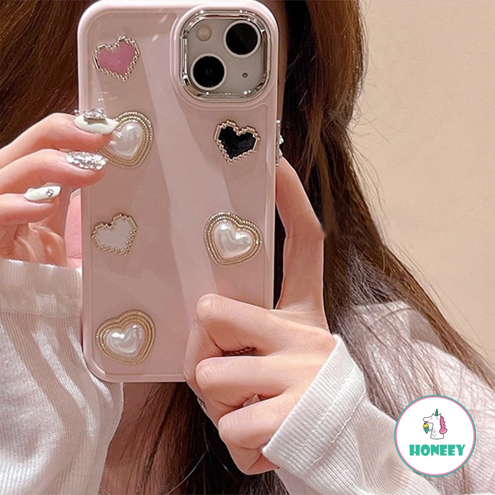 Korea Pink 3D Love Heart Pearls Phone Case Kompatibel Untuk iPhone 14 Pro Max13 12 /12pro 11 Pro Max Shockproof Pelindung Penutup Belakang