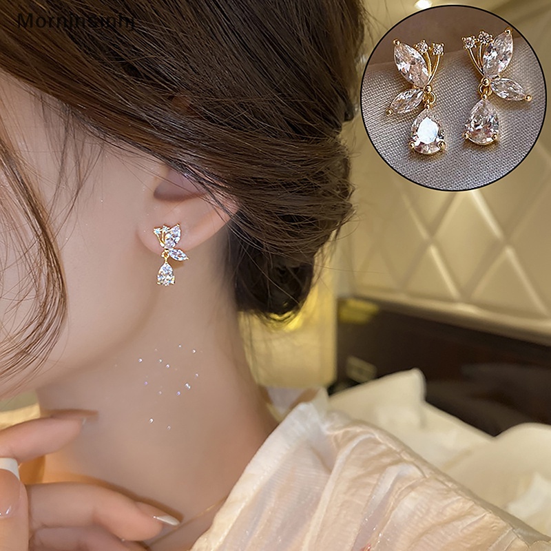 Mornin 1pasang Fashion Warna Silver Stud Earrings Vintage Butterfly Shiny Zircon Ear Stud Untuk Wanita Aksesoris Pesta Perhiasan Hadiah id