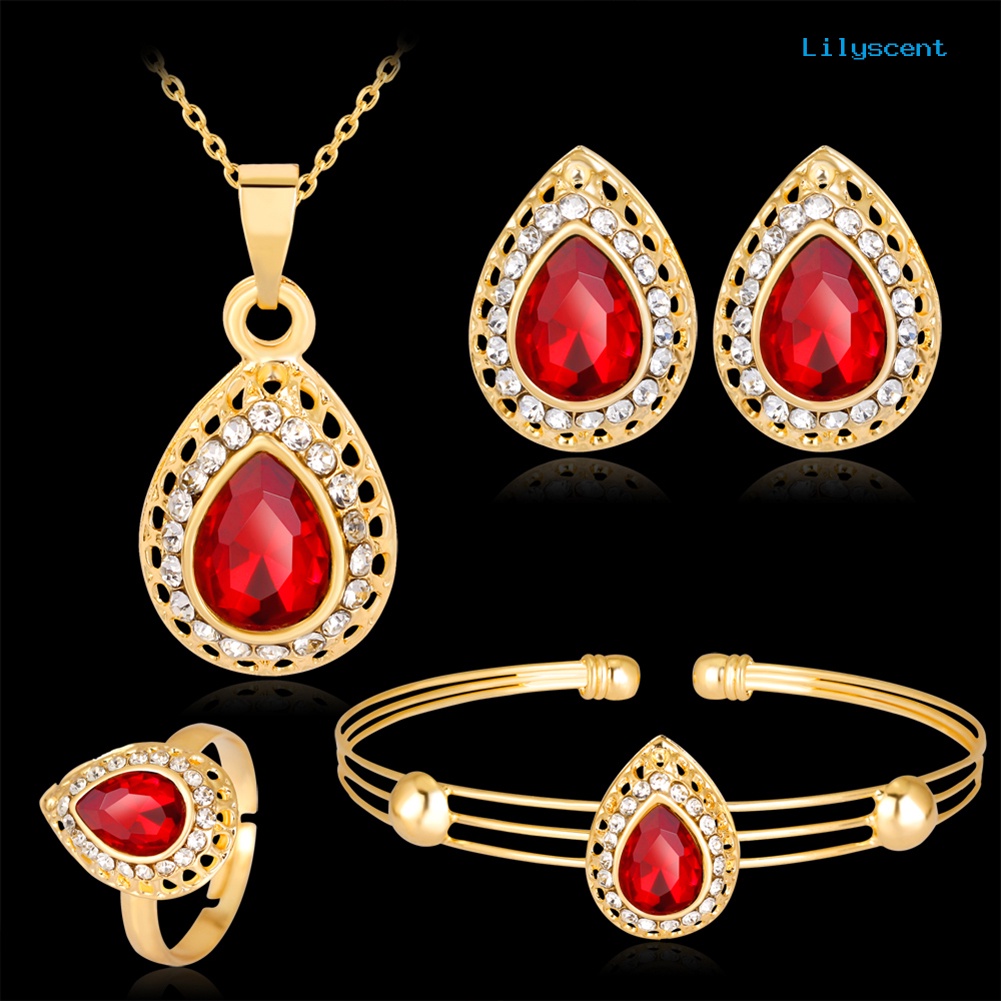 [LS]Wanita Retro Tetesan Air Berlapis Emas Set Perhiasan Kalung Gelang Anting Cincin