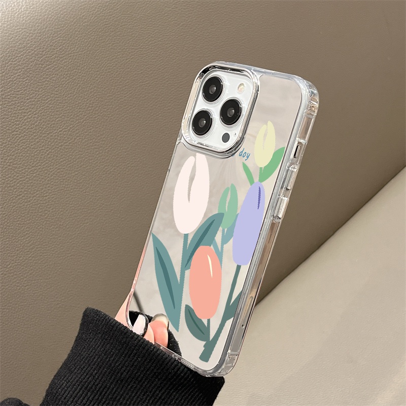 IPHONE Casing Ponsel Cermin Tulip Kompatibel Untuk Iphone11 12 13 14 12Pro 13Pro 14Pro Pro Max XR X XS Max Electroplating Tombol Perlindungan Mirror Cover