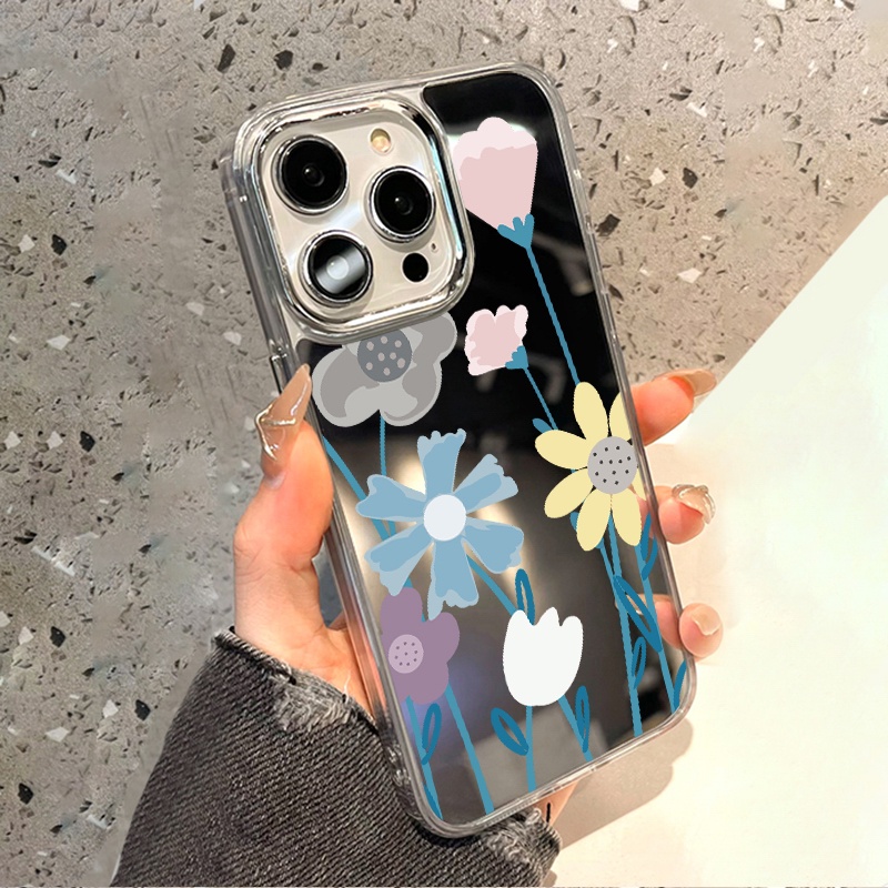 IPHONE Casing Ponsel Cermin Bunga Warna-Warni Kompatibel Untuk Iphone11 12 13 14 12Pro 13Pro 14Pro Pro Max XR X XS Max Electroplating Tombol Perlindungan Mirror Cover