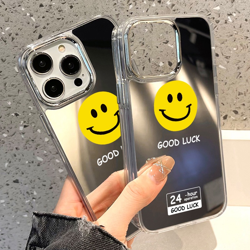 IPHONE Good Luck Smile Emoji Mirror Phone Case Kompatibel Untuk Iphone11 12 13 14 12Pro 13Pro 14Pro Pro Max XR X XS Max Electroplating Tombol Perlindungan Mirror Cover