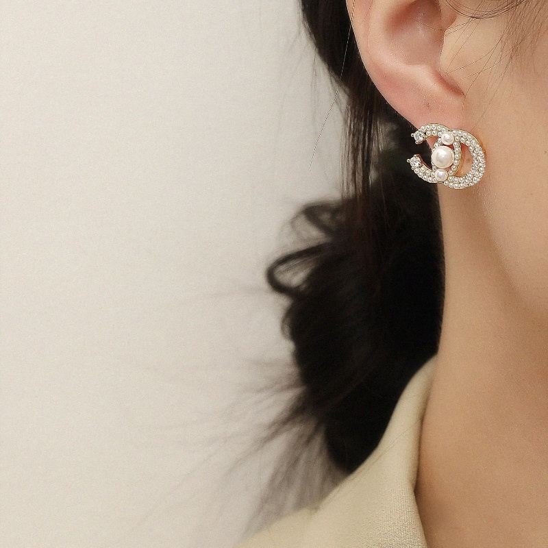 Ahellogirl Bunga Mutiara Zirkon Anting Perempuan Vintage Perancis Ganda C Perak Disepuh Earrings