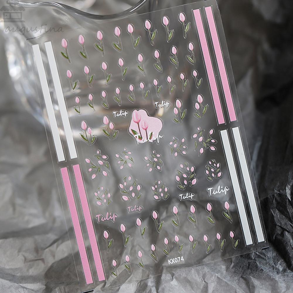 AUGUSTINA Agustina 5D Terukir Stiker Kuku Indah Decal Pink Bunga Perekat DIY Nail Art Desgin