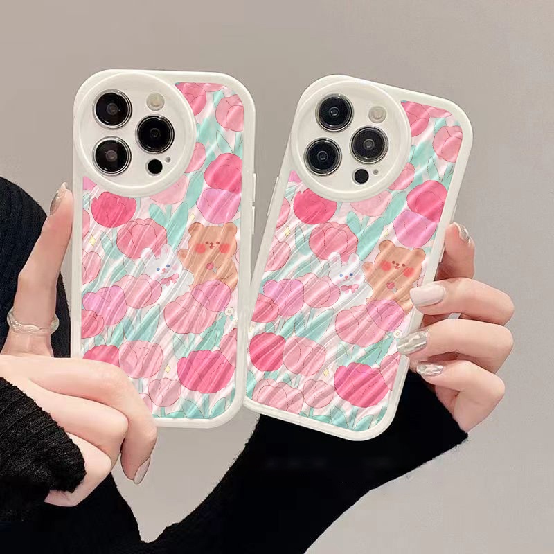 IPHONE Benny Bear Dengan Bunga Pink Casing Ponsel Riak Air Kompatibel Untuk Iphone11 13 12 14 Pro MAX 14 Plus XR X XS MAX 7Plus 8Plus 7 8 SE 2020 2022 Shockproof Cover