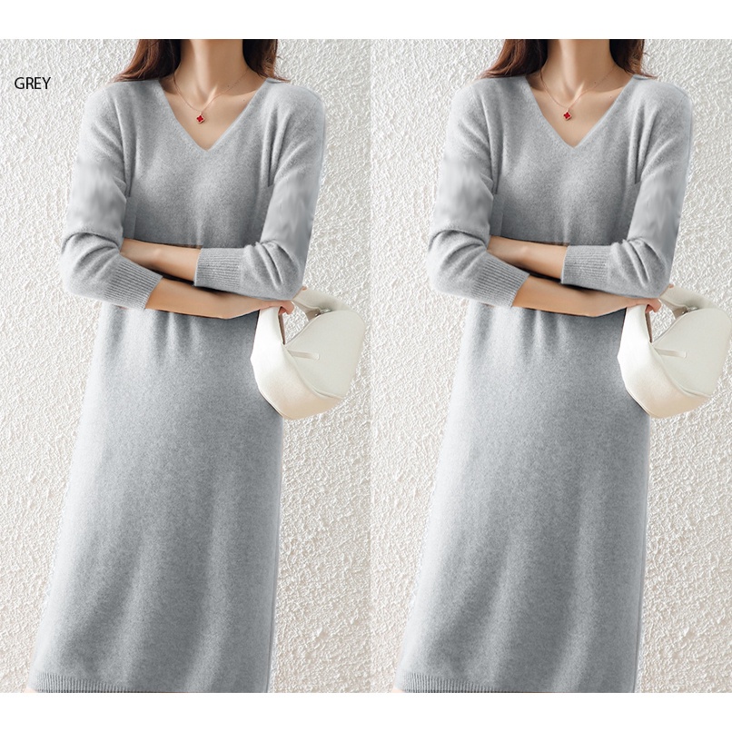 (D109) v neck knit midi dress wanita rajut / dress formal casual knit