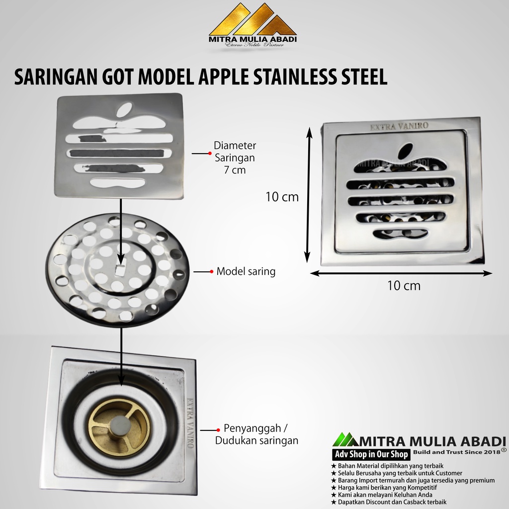 Saringan Got / Floor Drain Model Apple Full Stainless SUS 304 Tebal