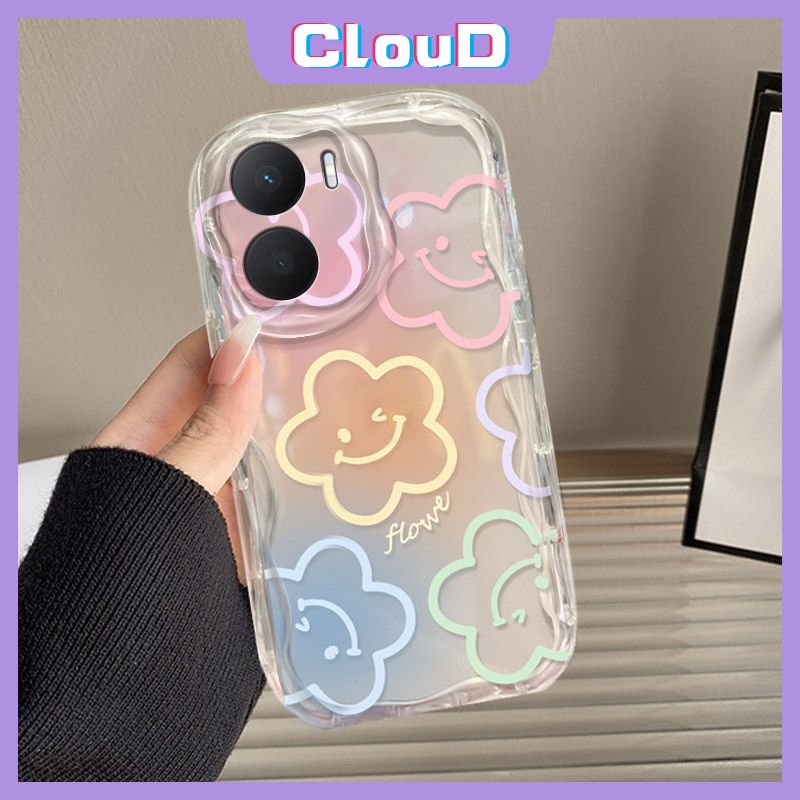 IPHONE Case Tepi Melengkung Bergelombang 3D Kompatibel Untuk Iphone11 13 12 14 Pro Max7 8 6 6s Plus XR X XS Max SE 2020 INS Korea Warna-Warni Graffiti Kartun Smiley Fresh Flowers Holder Bracket Case