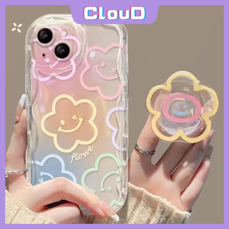 IPHONE Case Tepi Melengkung Bergelombang 3D Kompatibel Untuk Iphone11 13 12 14 Pro Max7 8 6 6s Plus XR X XS Max SE 2020 INS Korea Warna-Warni Graffiti Kartun Smiley Fresh Flowers Holder Bracket Case