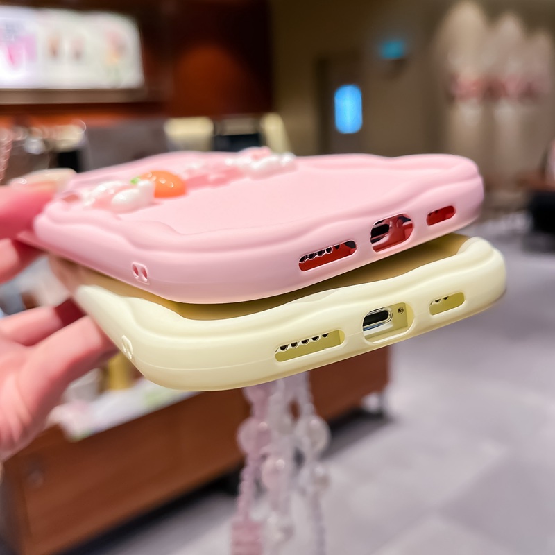 Macaron Yellow Wave Carrot Bunny Lanyard Soft Silicon Case HP iP iPhone 6 6S 7 8 14 + Plus SE 2020 2022 X XS XR 11 12 13 Pro Max Girl Woman Casing