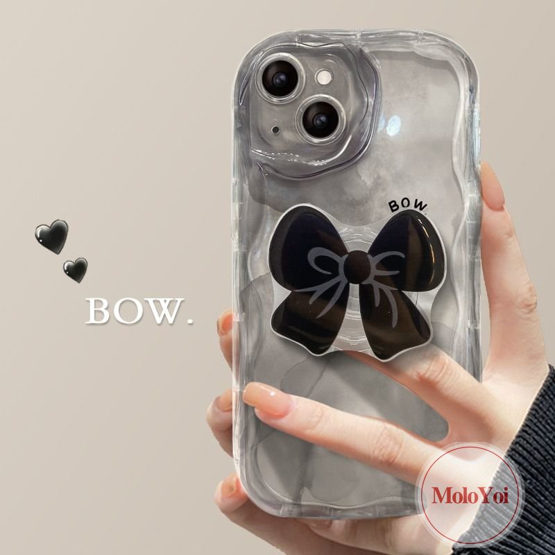 3D Wavy Curved Edge Cover Compatible for IPhone 11 14 13 12 Pro Max XR XS X Max 7 8 6s 6 Plus SE 2020 INS Korean Fantasy Bowknot Ring Holder Holder Bracket Case