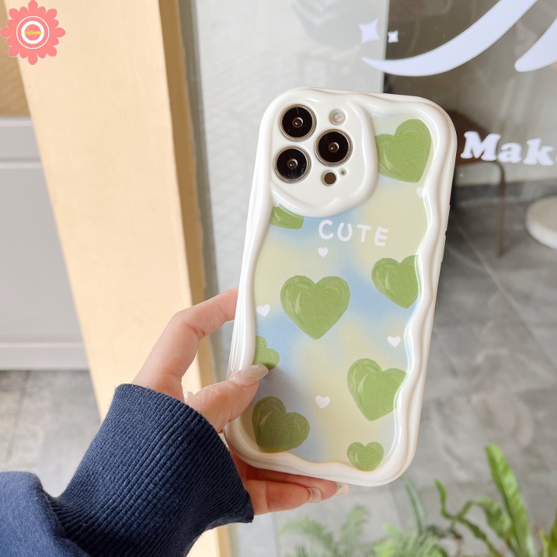 IPHONE Gelang Tali Tangan Manik-Manik Bunga Casing Ponsel Kompatibel Untuk Iphone11 13 14 12 Pro Max 7Plus XR X8 6 7 6s Plus XS Max SE 2020cat Minyak Hijau Cinta Hati 3D Bergelombang Melengkung Pinggiran Penutup