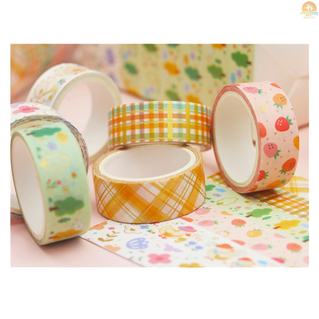 In Stock 6roll Lucu Kartun Foil Emas Washi Tape Set Gaya Rustic Washi Masking Tapes Tape Perekat Dekoratif Label Stiker Lebar 15mm Untuk DIY Seni &amp; Kerajinan Scrapbooking Jurnal