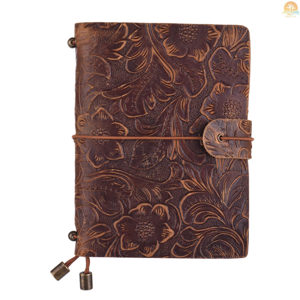 In Stock Vintage Full Grain Leather Refillable Travel Journal Notebook Diary Motif Bunga Timbul Harian Notepad Cover Dengan Tali Elastis Untuk Pria &amp; Wanita Hadiah