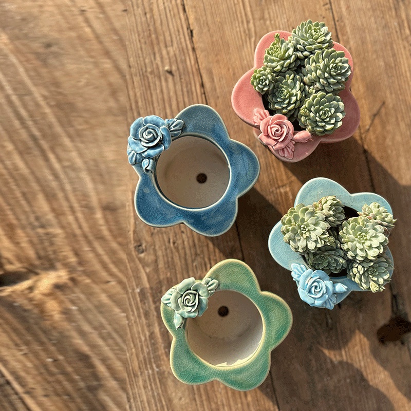 ღ Desktop Kreatif Tanaman Succulent Pot Bunga Bentuk Bunga Es Retak Glaze Dekorasi Bunga Batu Mentah Keramik Kreatif