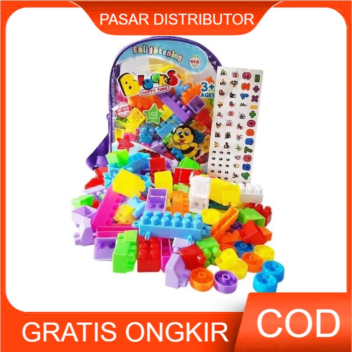 Mainan Anak Balok Susun Block Bongkar Pasang Balok Bricks Tas Isi 102 pcs - Mainan Balok - Mainan Anak