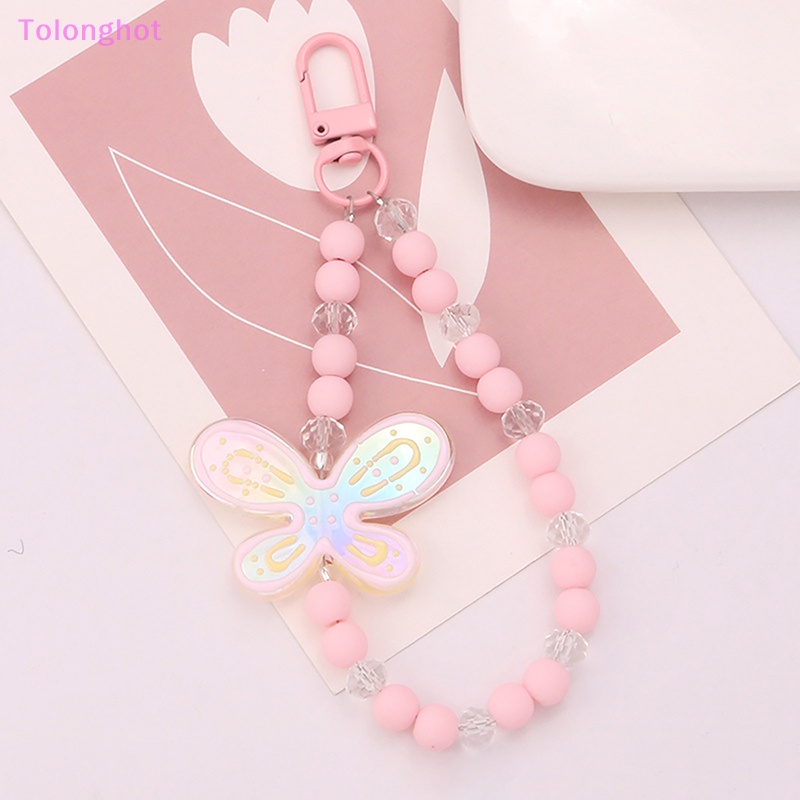 Tolonghot&gt; Akrilik Lucu Kupu-Kupu Ponsel Tali Permen Warna Manik-Manik Lanyard Ponsel Tali Ransel Pesona Gantungan Kunci Perhiasan Aksesoris well