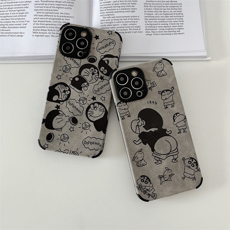 IPHONE Doraemon Jingle Kartun Kucing Lambskin Leather Case Kompatibel Untuk Iphone11 12 13 14 Pro Max XR X XS 7 8 Plus Suede Lembut Shockproof Phone Case Cover