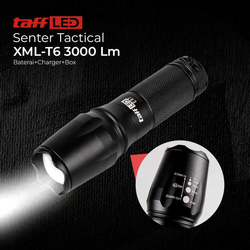 TaffLED Senter Tactical XML-T6 3000 lm Baterai+Charger+Box - E97