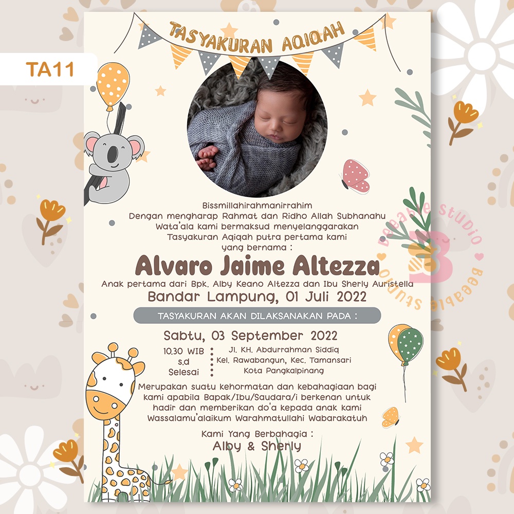 Undangan Aqiqah Digital Tema TA11 Giraffe Koala Cream Softfile | BeeableStudio