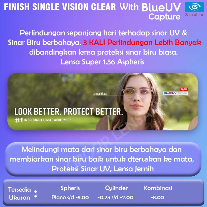 Lensa Essilor FSV Super Blue UV capture Crizal easy uv