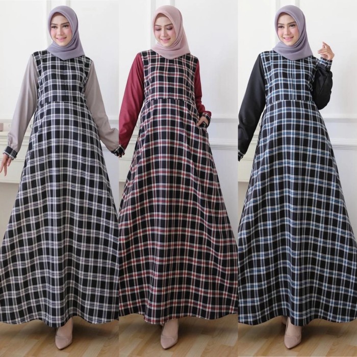 New Trend Fashion gamis toyobo kotak long dress maxi katun baju kerja/ gamis kombinasi
