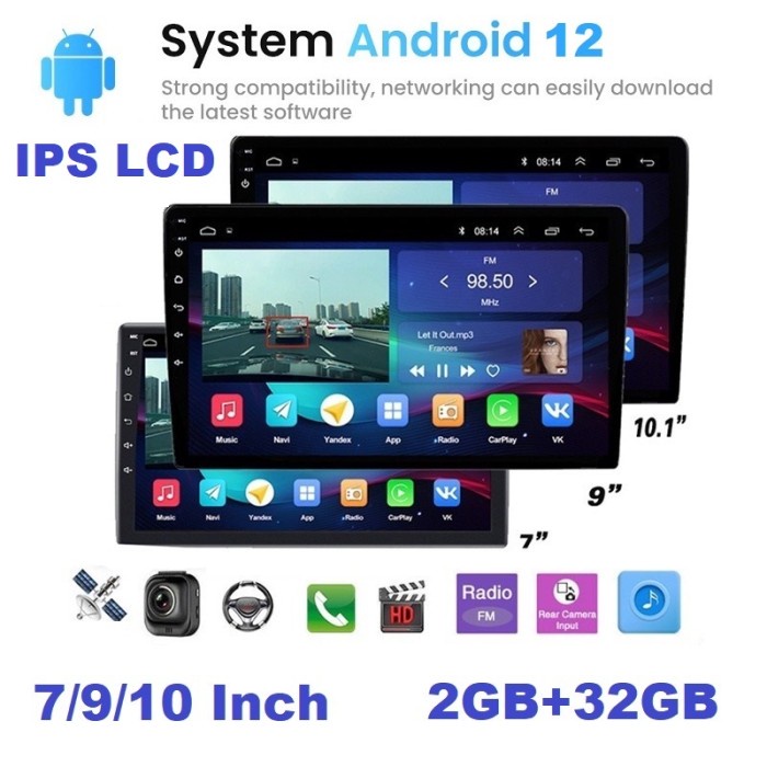 Head Unit Android 12 Double Din 7 Inch 9 Inchi 10 RAM 2GB+32GB Mobil - Android 12 IPS, 10 Inch