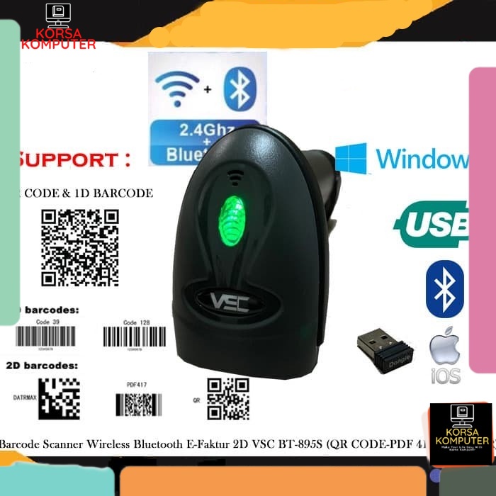 Barcode Wireless Kasir Toko 2D Bluetooth Wireless Barcode Scanner Vsc Bt-895s Android, Ios Dongle Al