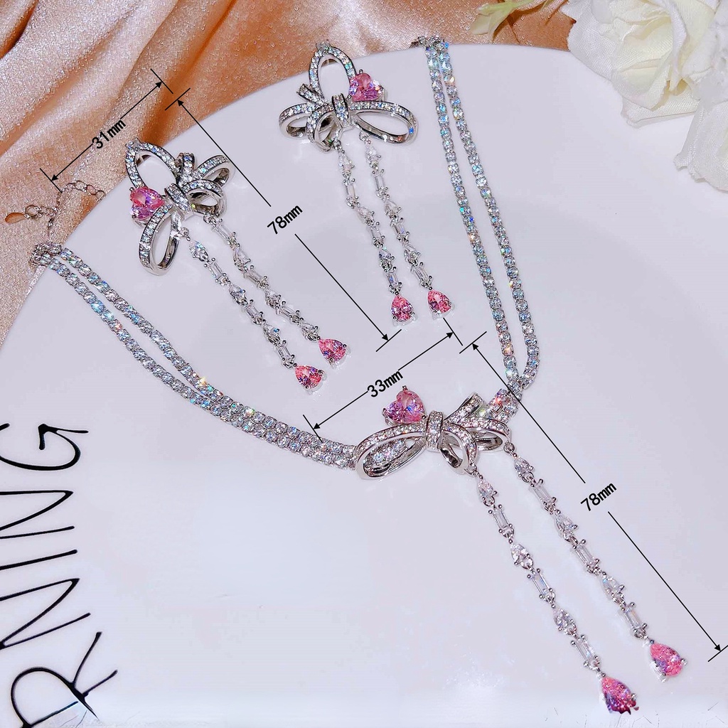 Goldkingdom Aksesoris Perhiasan Fashion Ready Stock Desainer Cinta Busur Rumbai Set, Anting Kupu-Kupu Peri Super, Kalung Berlapis Berlian Merah Muda Berbintang